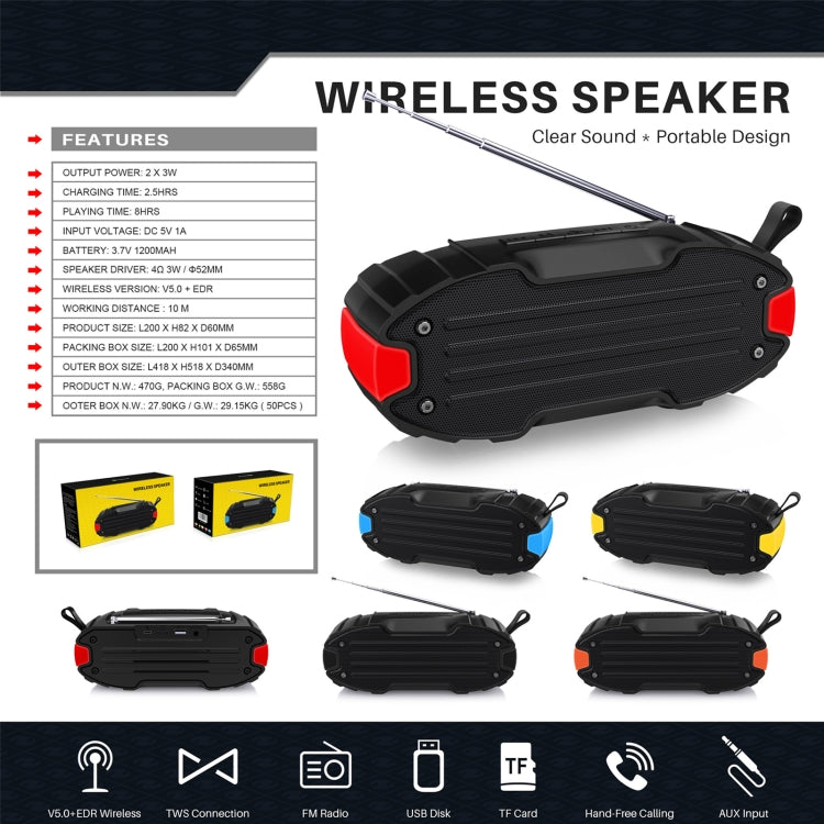 Nuevo Rixing NR-907FM TWS Altavoz Bluetooth para exteriores Compatible con llamadas manos libres / FM con mango y antena, NR-907FM (Orange), NR-907FM (Black), NR-907FM (Red), NR-907FM (Yellow), NR-906 (Blue)