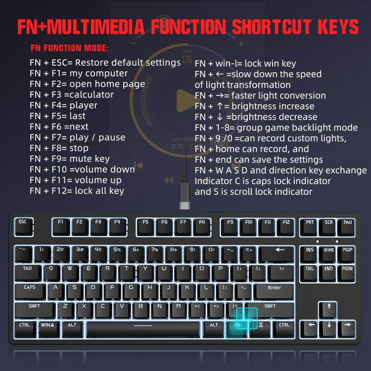 HXSJ L600 87 teclas USB-C / Type-C Teclado mecánico de eje rojo con cable y retroiluminación fresca