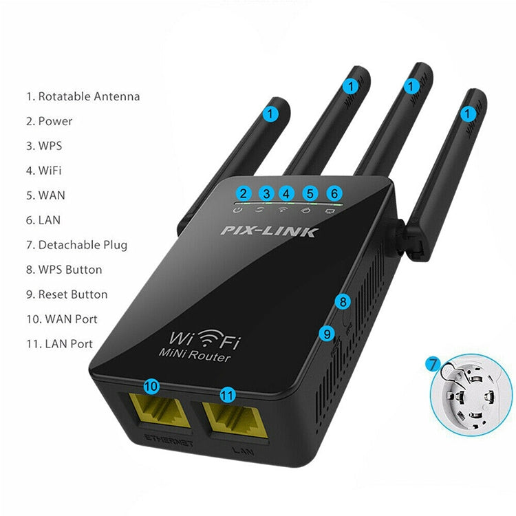 Repetidor de enrutador WiFi inteligente inalámbrico con 4 antenas WiFi, EU Plug Black, EU Plug White, UK Plug Black, UK Plug White, US Plug Black, US Plug White