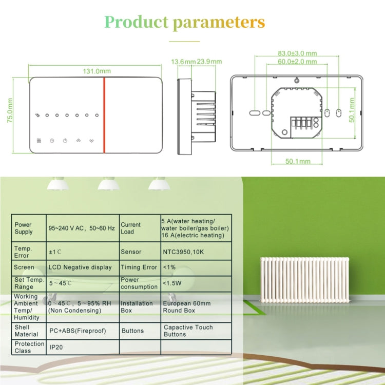 BHT-005-GCLW Termostato de calefacción doméstica inteligente de 220 V CA 3 A para caja de la UE, control de calefacción de caldera con solo sensor interno y conexión WIFI, BHT-005-GCLW