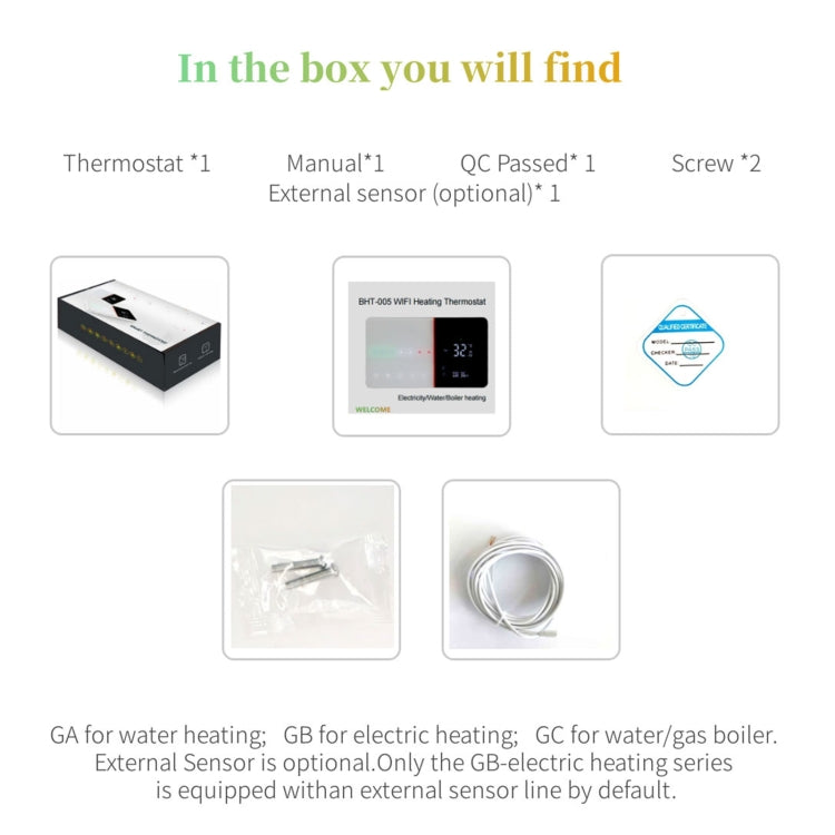 BHT-005-GCLW Termostato de calefacción doméstica inteligente de 220 V CA 3 A para caja de la UE, control de calefacción de caldera con solo sensor interno y conexión WIFI, BHT-005-GCLW