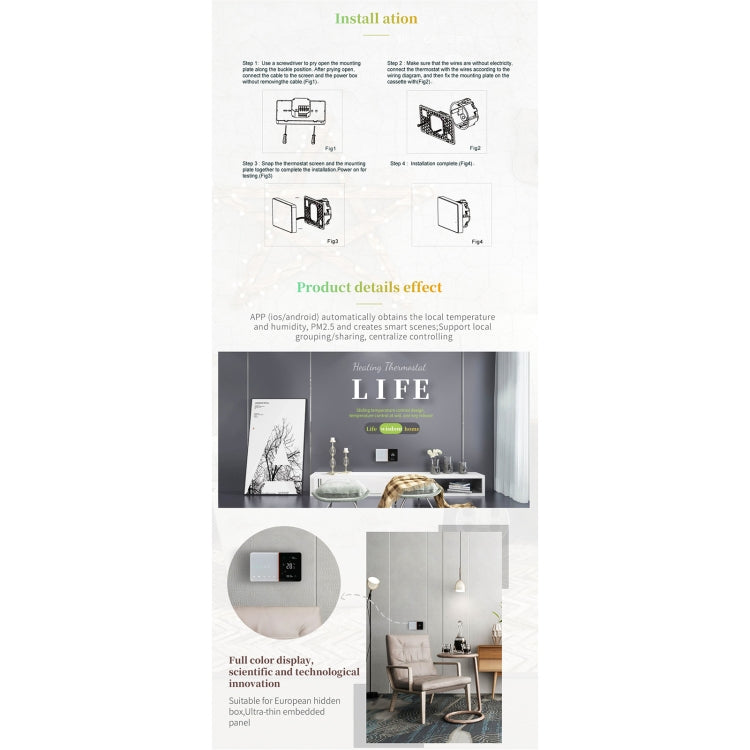 BHT-005-GCLW Termostato de calefacción doméstica inteligente de 220 V CA 3 A para caja de la UE, control de calefacción de caldera con solo sensor interno y conexión WIFI, BHT-005-GCLW