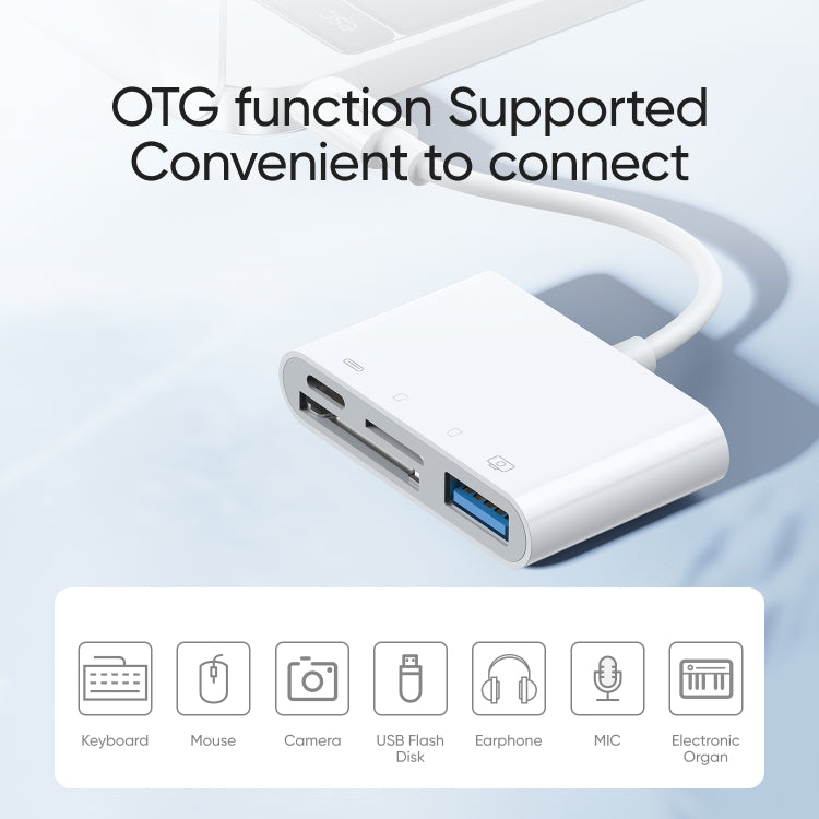 JOYROOM S-H142 4 en 1 8 pines a tarjeta SD / TF + carga de 8 pines + adaptador de lector de cámara OTG de interfaz USB, compatible con IOS 13