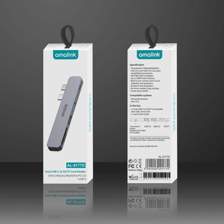 Lector de tarjetas amalink 9177D Dual Type-C / USB-C a SD/TF, 9177D