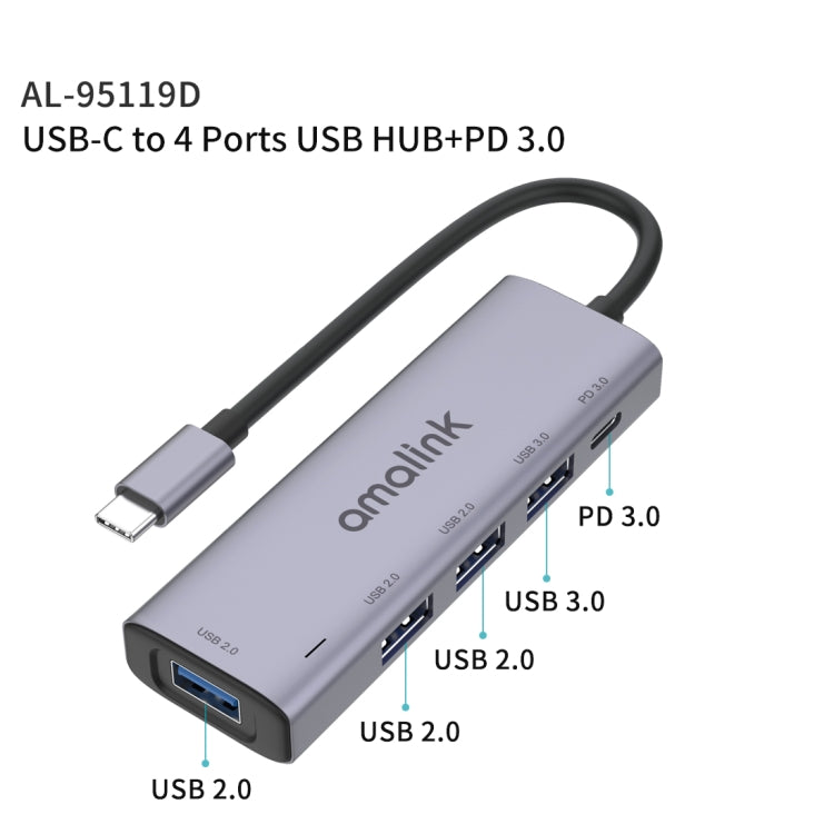 amalink 95119D Type-C / USB-C a 4 puertos USB + PD 3.0 Estación de acoplamiento HUB multifunción, 95119D