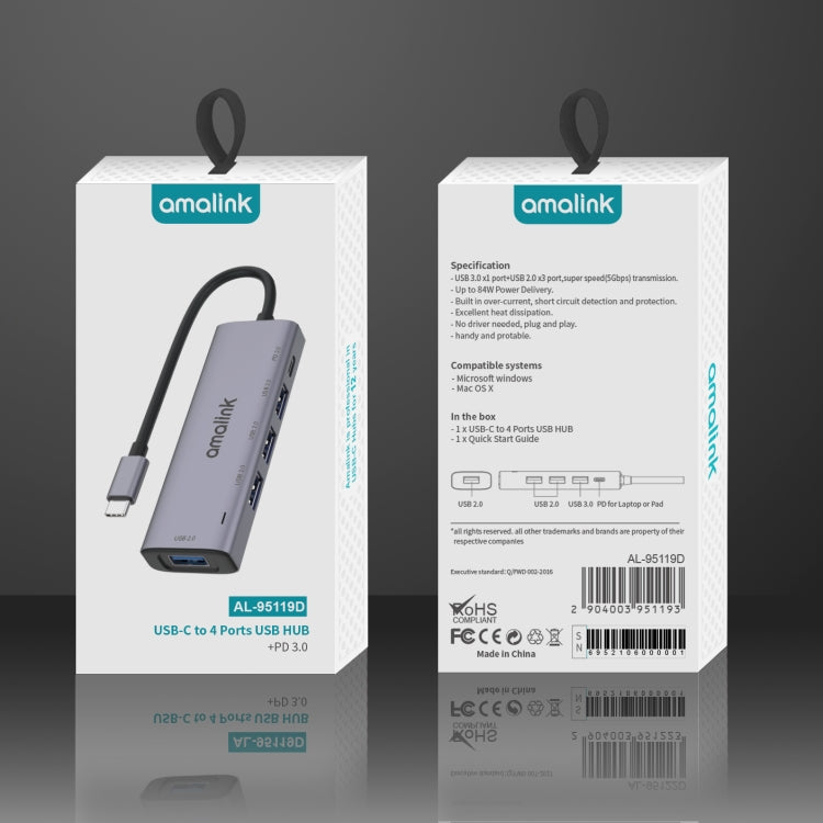 amalink 95119D Type-C / USB-C a 4 puertos USB + PD 3.0 Estación de acoplamiento HUB multifunción, 95119D