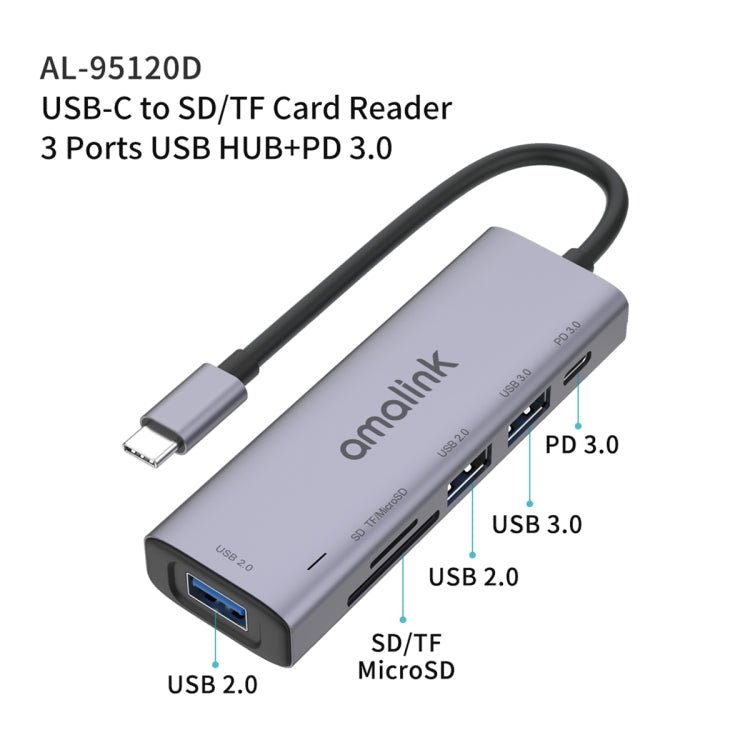 amalink 95120D Type-C / USB-C a SD/TF + 3 puertos USB + PD 3.0 Estación de acoplamiento HUB multifunción, 95120D