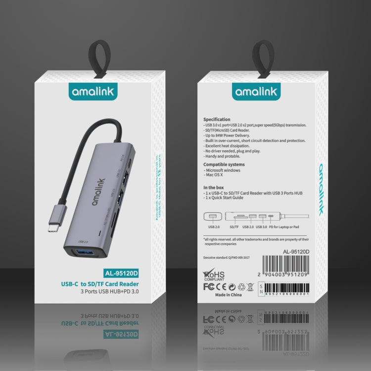 amalink 95120D Type-C / USB-C a SD/TF + 3 puertos USB + PD 3.0 Estación de acoplamiento HUB multifunción, 95120D