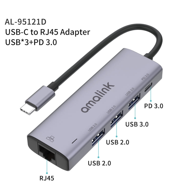 amalink 95121D Type-C / USB-C a RJ45 + 3 puertos USB + PD 3.0 HUB multifunción, 95121D
