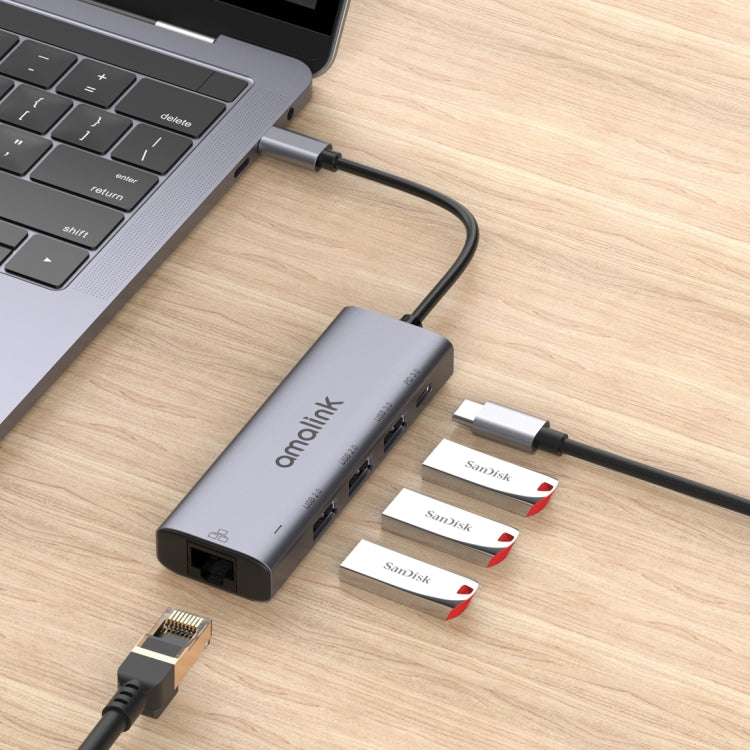 amalink 95121D Type-C / USB-C a RJ45 + 3 puertos USB + PD 3.0 HUB multifunción, 95121D