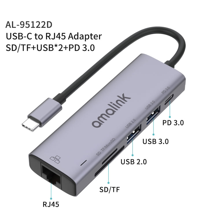 amalink 95122D Type-C / USB-C a RJ45 + 2 puertos USB + PD 3.0 HUB multifunción, 95122D