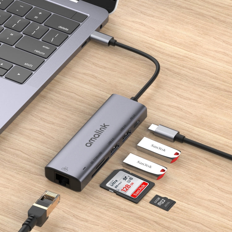 amalink 95122D Type-C / USB-C a RJ45 + 2 puertos USB + PD 3.0 HUB multifunción, 95122D