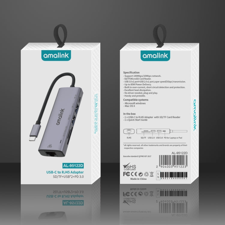 amalink 95122D Type-C / USB-C a RJ45 + 2 puertos USB + PD 3.0 HUB multifunción, 95122D