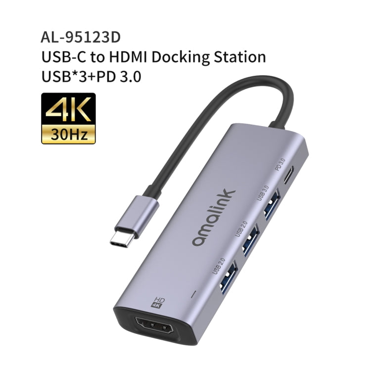 amalink 95123D Type-C / USB-C a HDMI + 3 puertos USB + PD 3.0 HUB multifunción, 95123D