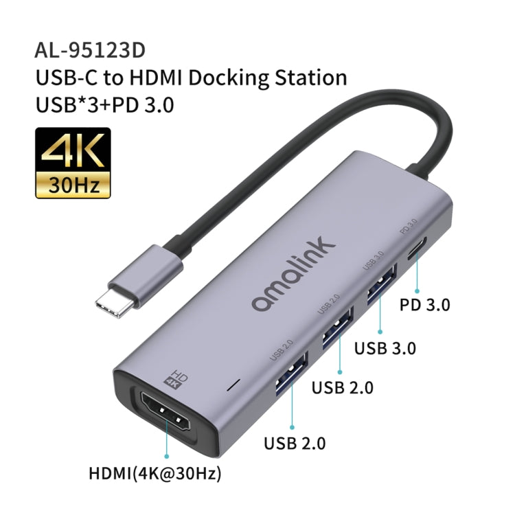 amalink 95123D Type-C / USB-C a HDMI + 3 puertos USB + PD 3.0 HUB multifunción, 95123D