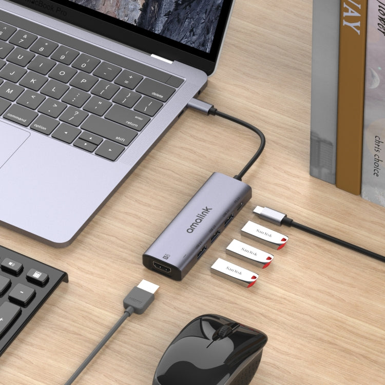 amalink 95123D Type-C / USB-C a HDMI + 3 puertos USB + PD 3.0 HUB multifunción, 95123D