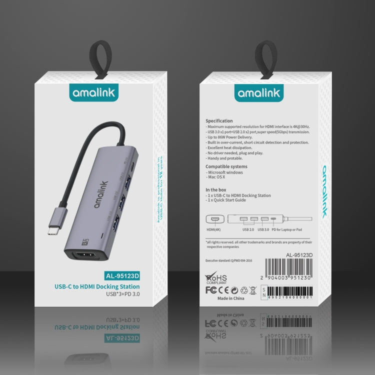 amalink 95123D Type-C / USB-C a HDMI + 3 puertos USB + PD 3.0 HUB multifunción, 95123D