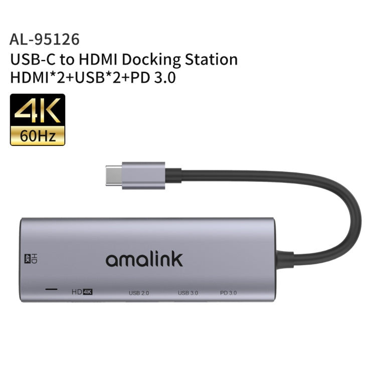 amalink 95126 Type-C / USB-C a Dual HDMI + 2 puertos USB + PD 3.0 HUB multifunción, 95126