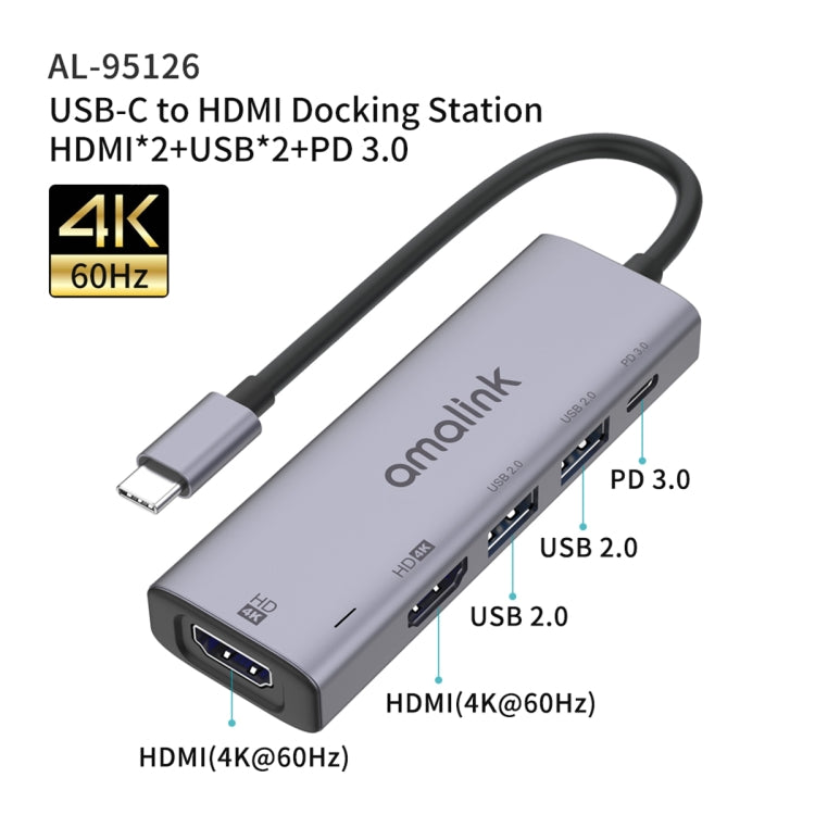 amalink 95126 Type-C / USB-C a Dual HDMI + 2 puertos USB + PD 3.0 HUB multifunción, 95126
