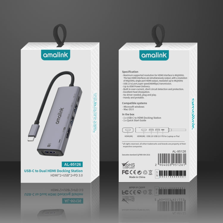 amalink 95126 Type-C / USB-C a Dual HDMI + 2 puertos USB + PD 3.0 HUB multifunción, 95126