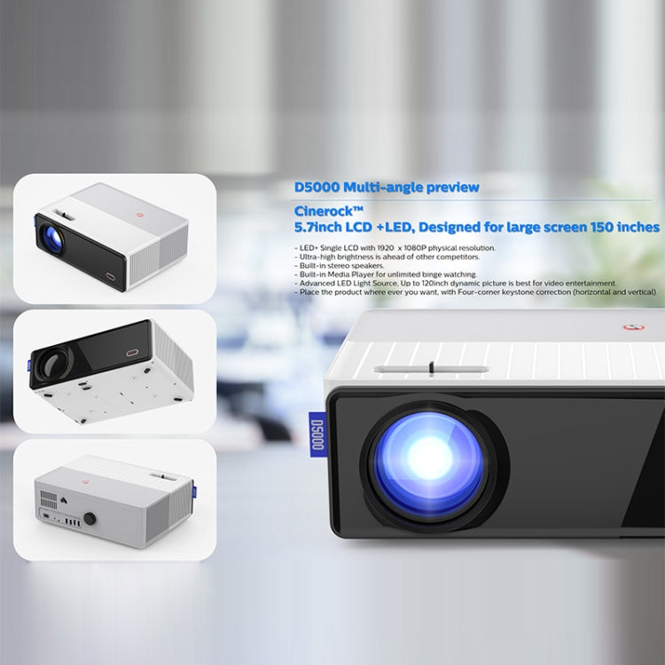 D5000 1920x1080P 420ANSI 6000Lumens LCD + Proyector LED HD Digital,, Basic Version, Screen Mirroring, Android 9.0