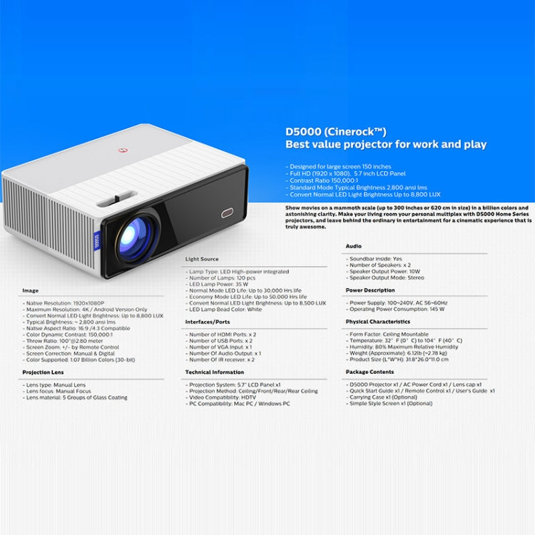D5000 1920x1080P 420ANSI 6000Lumens LCD + Proyector LED HD Digital,, Basic Version, Screen Mirroring, Android 9.0