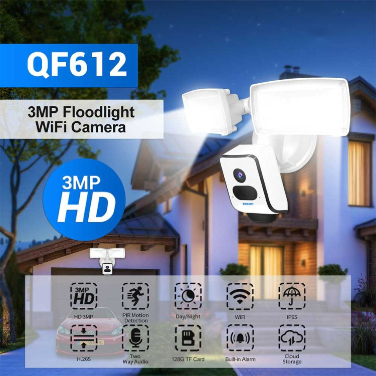 ESCAM QF612 Cámara IP WiFi de 3 MP y reflector, compatible con visión nocturna/detección PIR, QF612