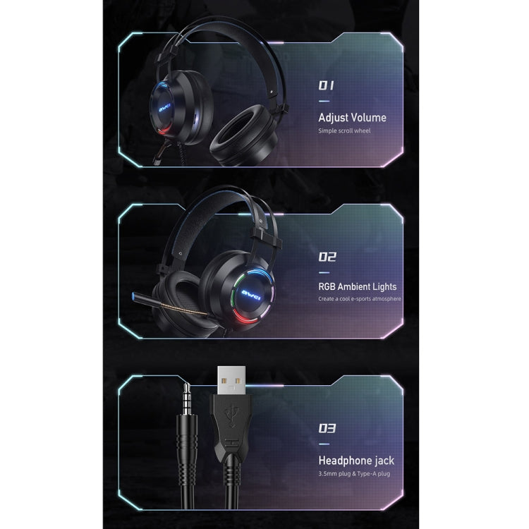 awei GM-2 USB + 3.5mm Ambient Light Gaming Auriculares con cable y micrófono, GM-2