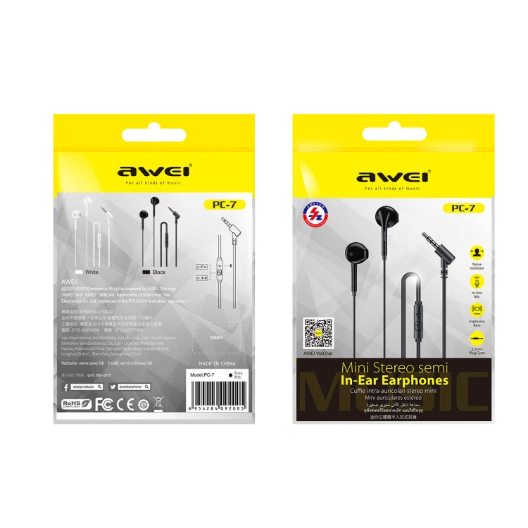 awei PC-7 Mini Stereo Semi In-ear Auricular con cable, PC-7(Black), PC-7(White)