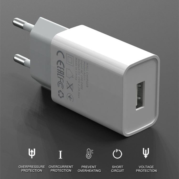 IVON AD-33 2 en 1 2.1A Cargador de viaje con un solo puerto USB + 1 m USB a juego de cables de datos de 8 pines,, EU Plug, US Plug