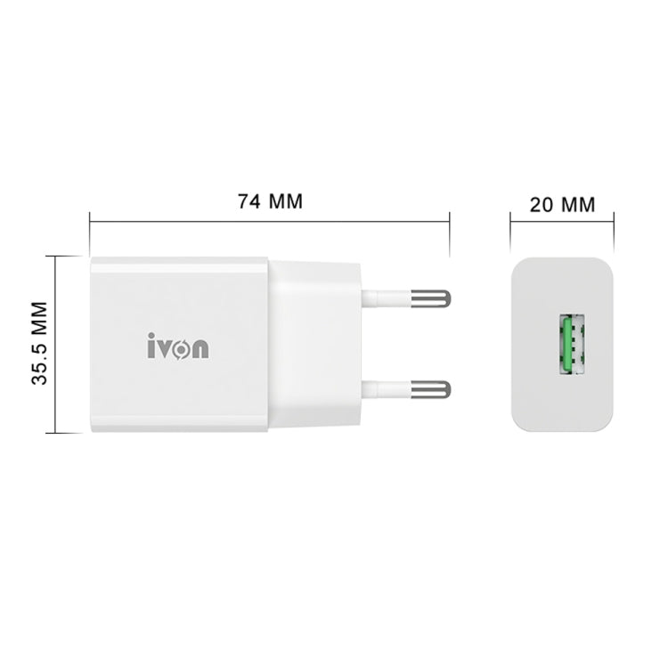 IVON AD-35 2 en 1 18W QC3.0 Puerto USB Cargador de viaje + 1m USB a juego de cables de datos de 8 pines,, EU Plug, US Plug