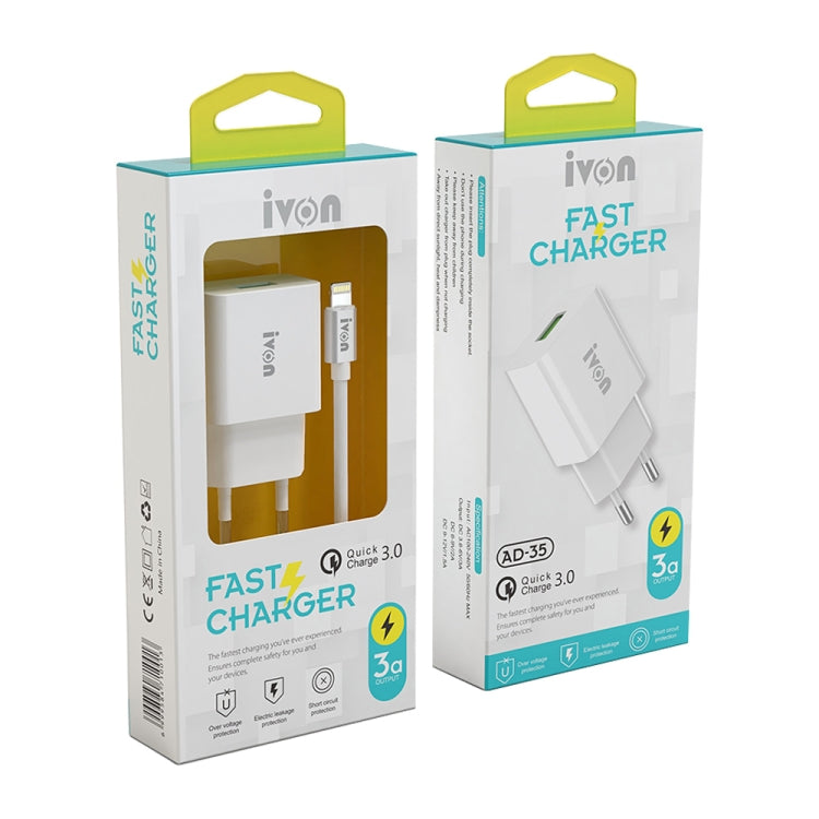IVON AD-35 2 en 1 18W QC3.0 Puerto USB Cargador de viaje + 1m USB a juego de cables de datos de 8 pines,, EU Plug, US Plug