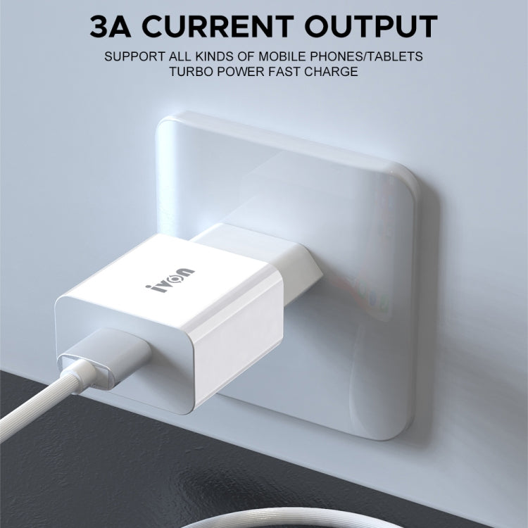 IVON AD-35 2 en 1 18W QC3.0 Puerto USB Cargador de viaje + 1m USB a juego de cables de datos de 8 pines,, EU Plug, US Plug