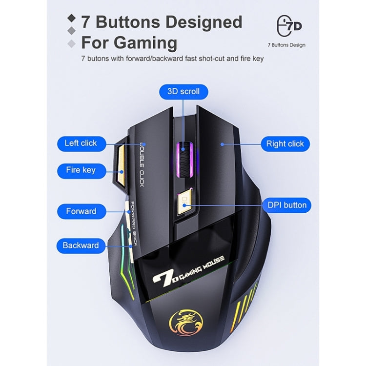 iMICE GW-X7 2.4G + Bluetooth Modo dual Ratón para juegos inalámbrico recargable silencioso de 7 botones con luces RGB coloridas, GW-X7 2.4G + Bluetooth