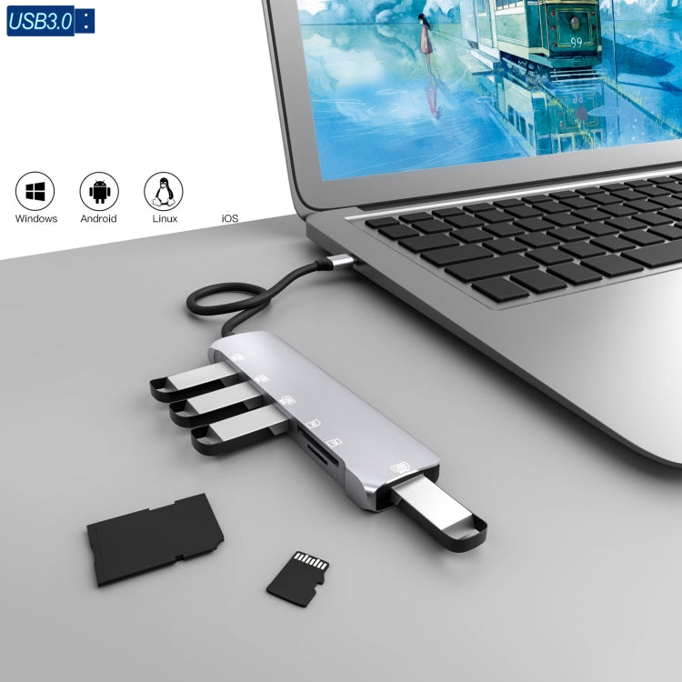 NK-3043H 6 en 1 USB-C / Type-C a ranura para tarjeta TF / SD + 4 adaptadores USB 3.0 hembra, NK-3043H