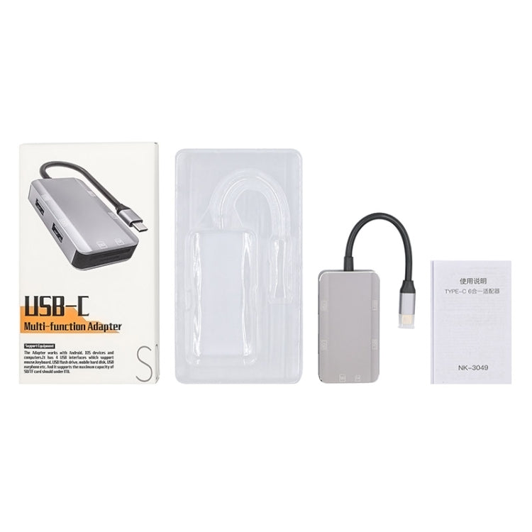 NK-3049 6 en 1 USB-C / Type-C a ranura para tarjeta TF / SD + 4 adaptadores USB hembra, NK-3049