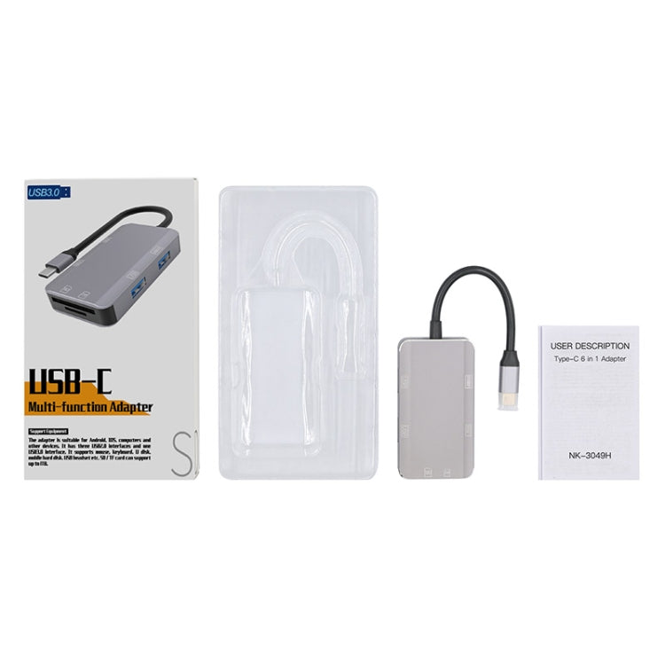 NK-3049H 6 en 1 USB-C / Tipo-C a Ranura para tarjeta TF / SD + Adaptador USB 3.0 + 3 USB 2.0 Hembra, NK-3049H