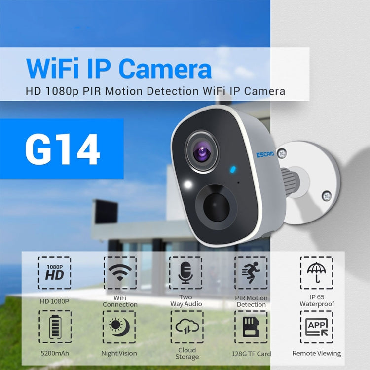 ESCAM G14 Cámara WiFi de visión nocturna infrarroja con reconocimiento Full HD 1080P recargable AI, G14