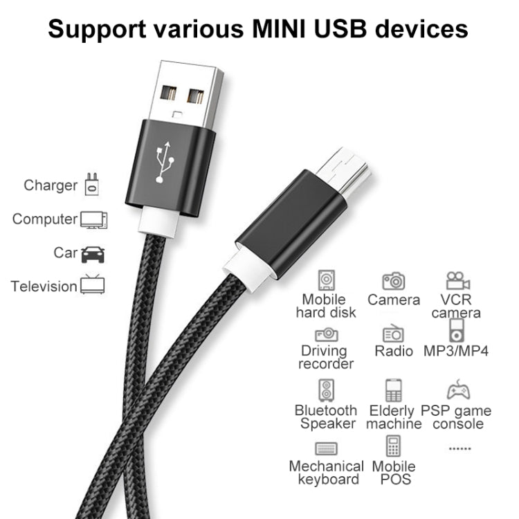 5 PCS Mini USB a USB A Cable de datos / carga tejido para MP3, cámara, DVR para automóvil, 0.25m, 1m, 1.5m, 2m, 3m