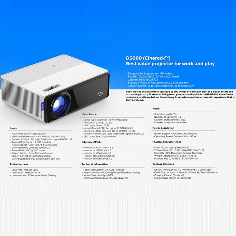 VIVIBRIGHT D5000 1920x1080P 420ANSI 6000Lumens LCD + Proyector LED HD Digital, Versión básica, US Plug, UK Plug