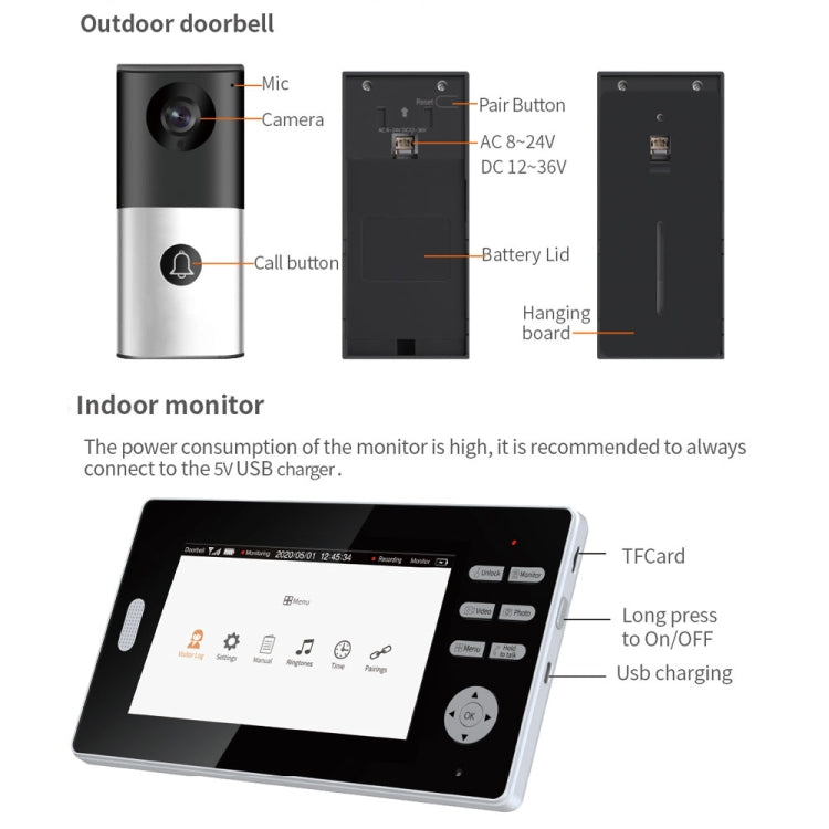 Timbre video inalámbrico 2.4G 720P compatible con visión nocturna, conversación y monitor