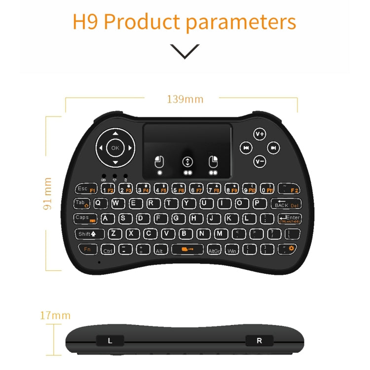Mini teclado inalámbrico Air Mouse QWERTY H9 de 2,4 GHz con retroiluminación blanca y panel táctil para PC, TV, with White Backlight