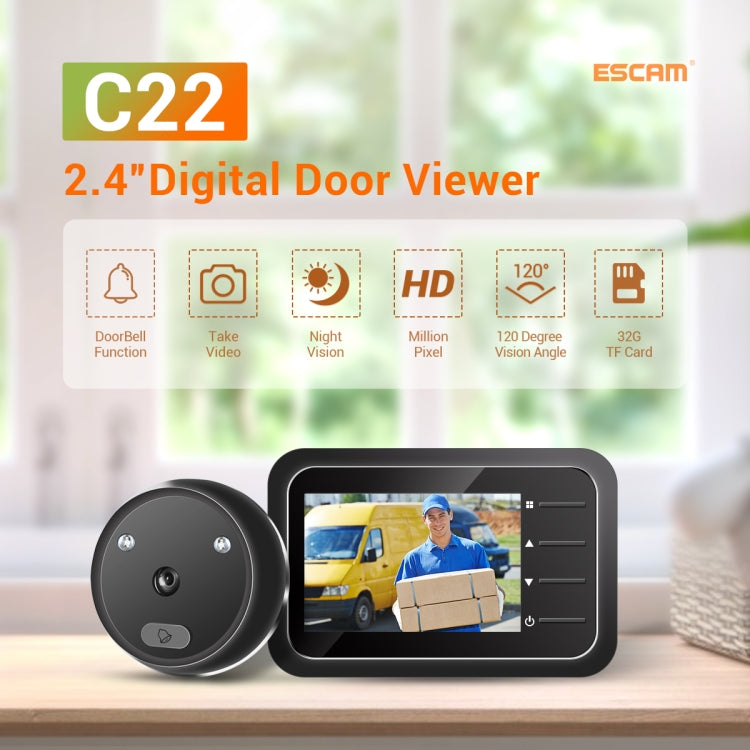 ESCAM C22 Visor de puerta digital con pantalla de 2,4 pulgadas, compatible con visión nocturna, tarjeta TF, toma fotos y vídeos, C22