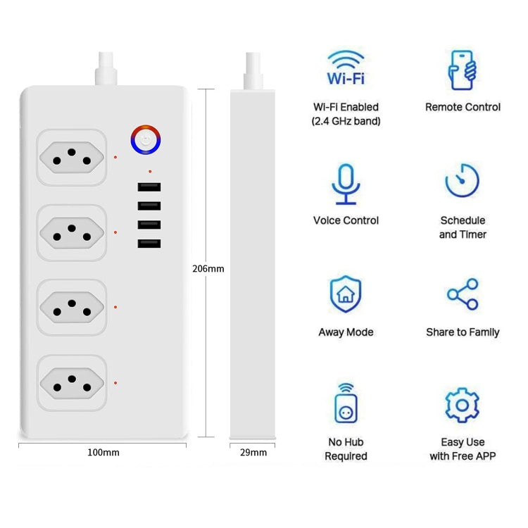 SM-SO301-B 4 hoyos + 4 tiras de alimentación inteligente multiusos USB, enchufe de Brasil, ZigBee 10A, WiFi 10A
