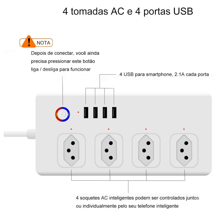 SM-SO301-B 4 hoyos + 4 tiras de alimentación inteligente multiusos USB, enchufe de Brasil, ZigBee 10A, WiFi 10A