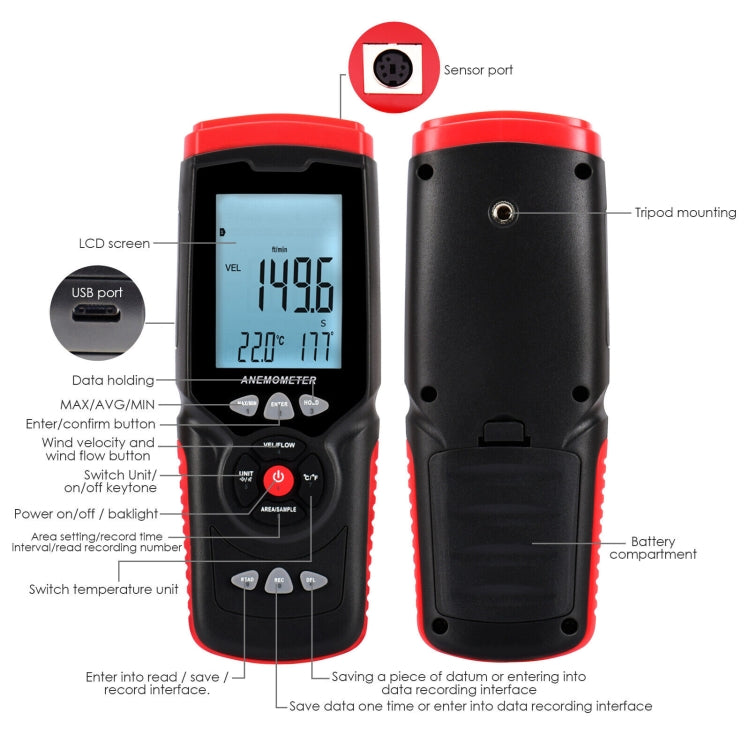 BENETECH GT8913 Anemómetro de hilo caliente LCD digital portátil, batería no incluida