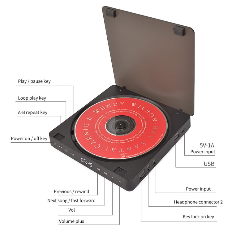 Reproductor de CD de disco retro portátil Kecag KC-708, Disc Album CD Player(Black)