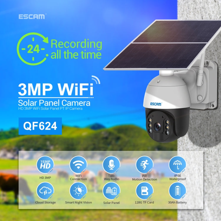 ESCAM QF624 1080P HD IP66 Cámara IP PT con panel solar WiFi resistente al agua sin batería, QF624