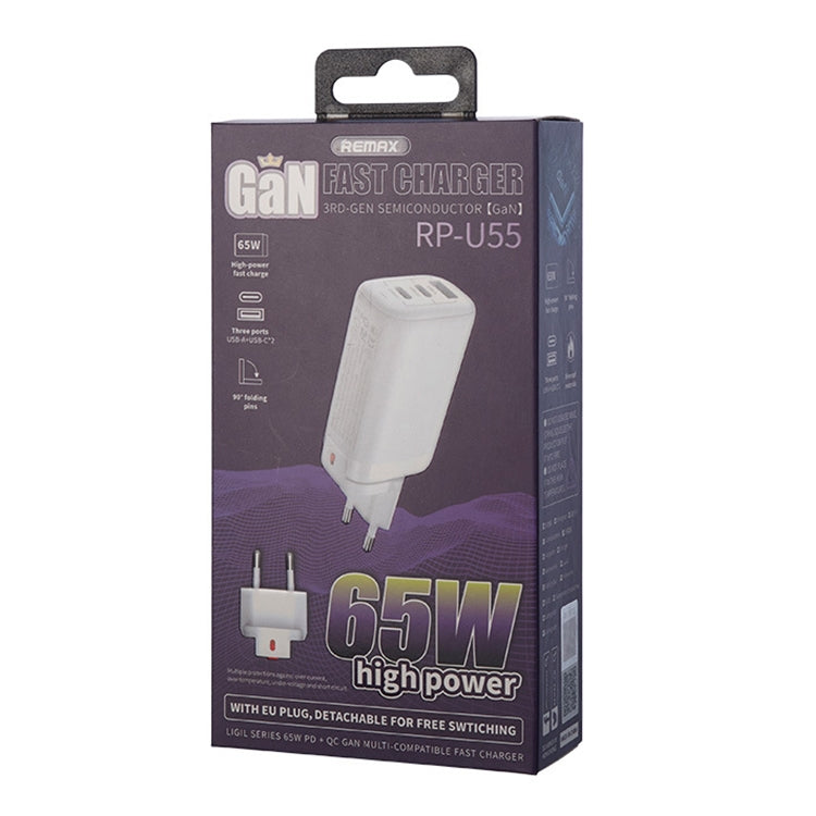 REMAX RP-U55 Territory Series 65W USB+Doble interfaz USB-C / Type-C Cargador rápido, EU Plug, UK Plug, CN Plug