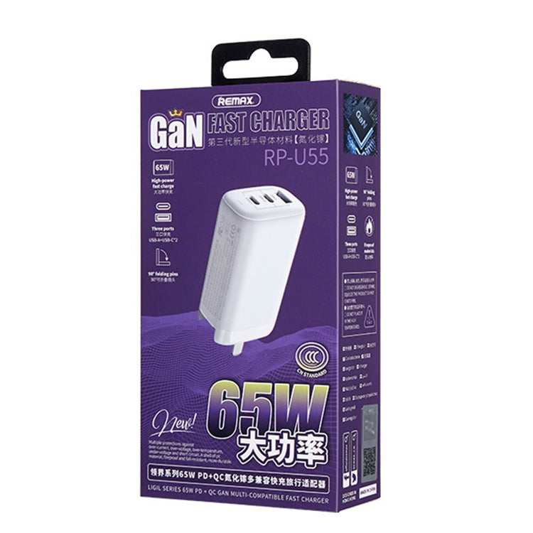 REMAX RP-U55 Territory Series 65W USB+Doble interfaz USB-C / Type-C Cargador rápido, EU Plug, UK Plug, CN Plug